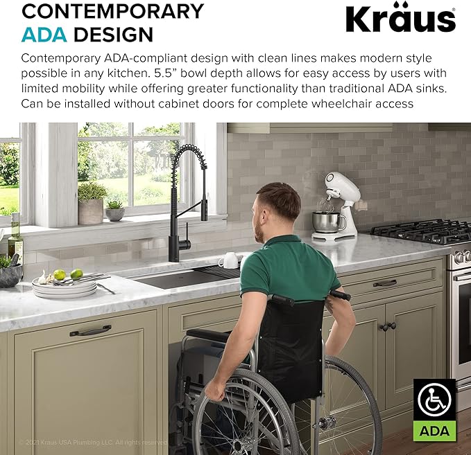 KRAUS Kore ADA Workstation 32-inch Undermount 16 Gauge Stainless Steel Kitchen Sink, Single Bowl Kitchen Sink with Accessories, KWU110-32/5.5