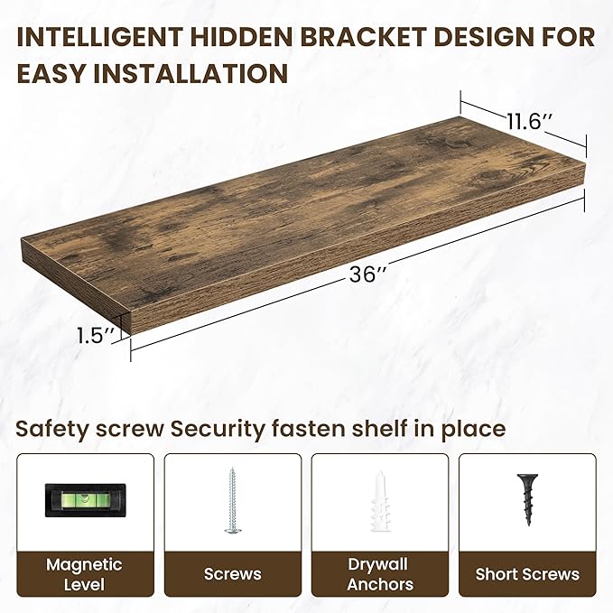 36 Inch Floating Shelves, 11.6 Inch Deep Floating Shelves for Wall, Floating Shelf with Invisible Brackets, Deep Shelves for Bathroom, Bedroom, Living Room, 2 Pack, Brown