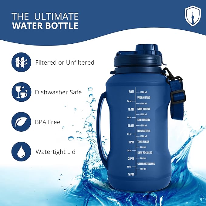 Collapsible Water Bottle for Traveling, Workout or Hiking 64oz Gen 2.0 - Motivational Water Bottle with Time Markings - Half Gallon / 2 L Capacity - BPA Free & Dishwasher Safe (Deep Blue + Filter)