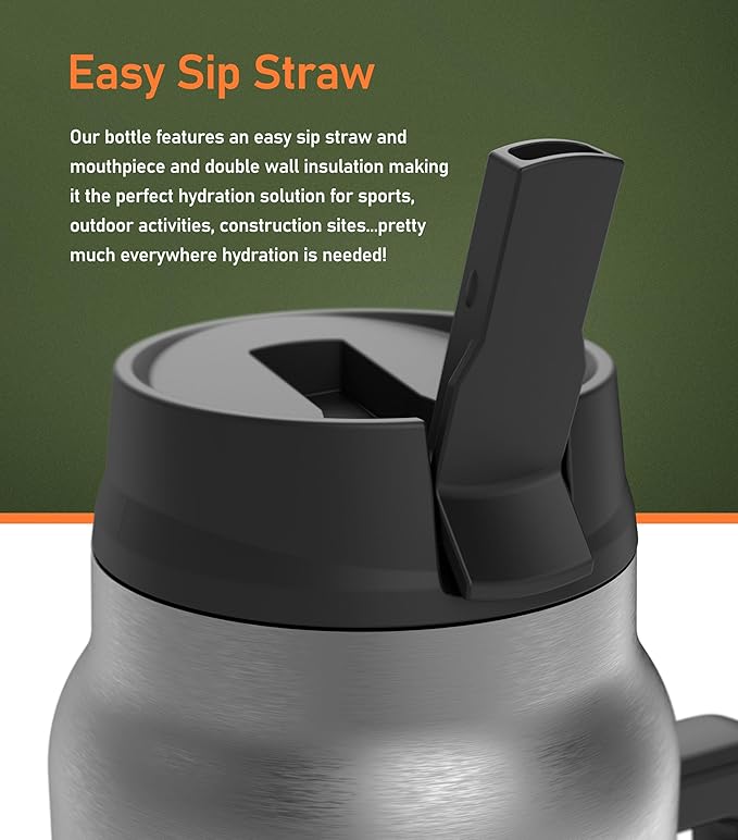 Filtered 64 oz Tumbler with Handle and Carrier Bag - Insulated Wide Mouth Water Bottle with Ahlstrom Filter System, Spill-proof Straw Lid and Padded Shoulder Strap (Stainless Steel)