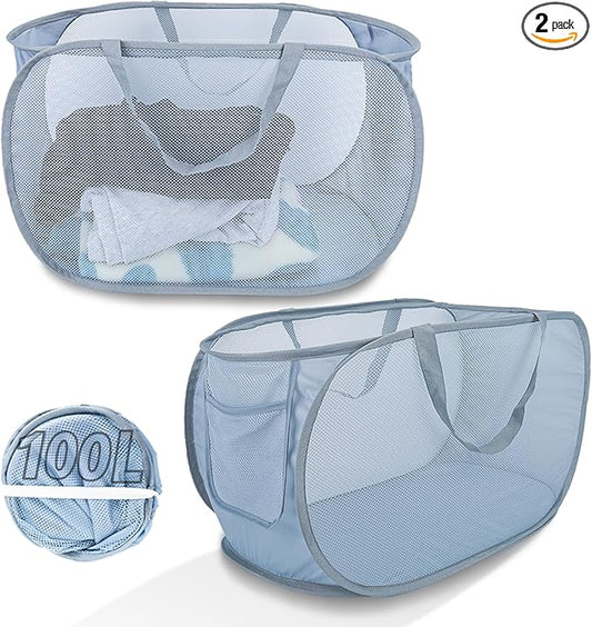 Extra Large Mesh Pop Up Laundry Hamper 2 Pack, 100L Foldable Laundry Baskets, Dirty Clothes Hamper with Pocket, Collapsible Hampers for Travel, Nursery, Dorm or Home. Grey 2H