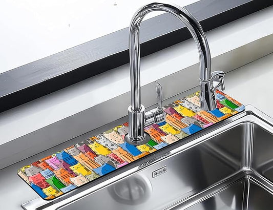 Kitchen Sink Splash Guard Faucet Mat Funny Cats Family Sink Splash Guard Behind Faucet,1 PC Soft Diatom Mud Non-Slip Mat-for Kitchen,Sink Mat,Dish Drying Mat,Bathroom Faucet Mat 23.5"X5.5"