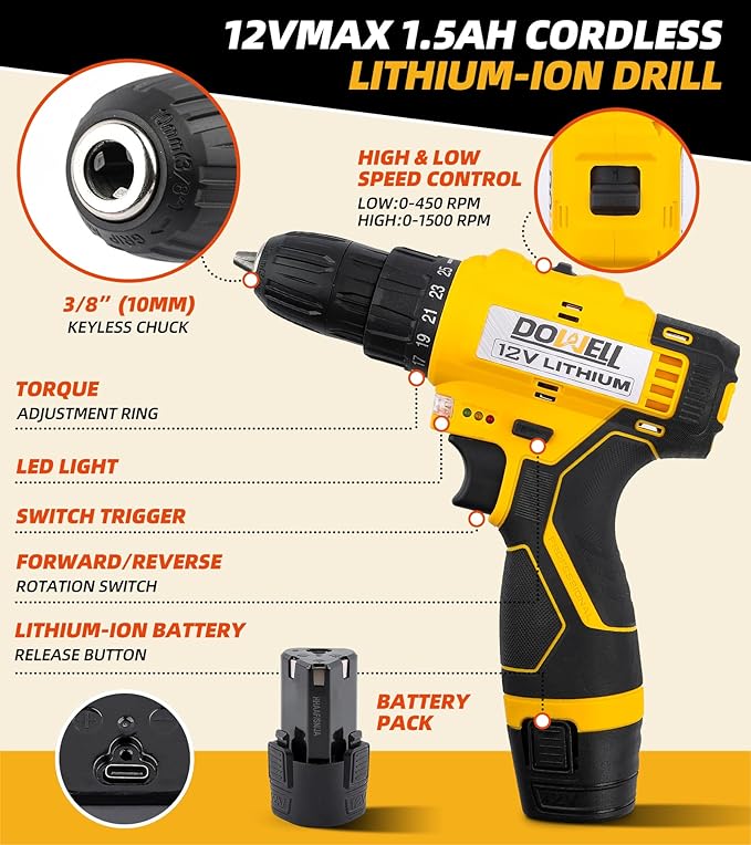 DOWELL 147 Pcs Tool Kit with 12V Cordless Drill with 3/8" Keyless Chuck for Home, Men, Built-in LED, Type-C Charge Cable