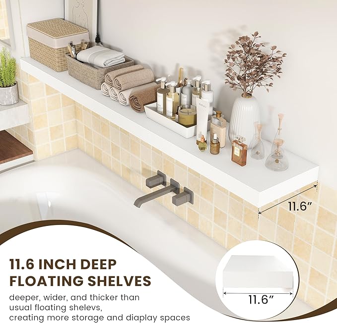 White Floating Shelves for Wall - 72 Inch Wide x 12 Inch Deep Wall Shelves Set of 1 - Rustic White Wood Shelves for Living Room, Bathroom, Laundry Room, Bedroom, Kitchen, Home Office