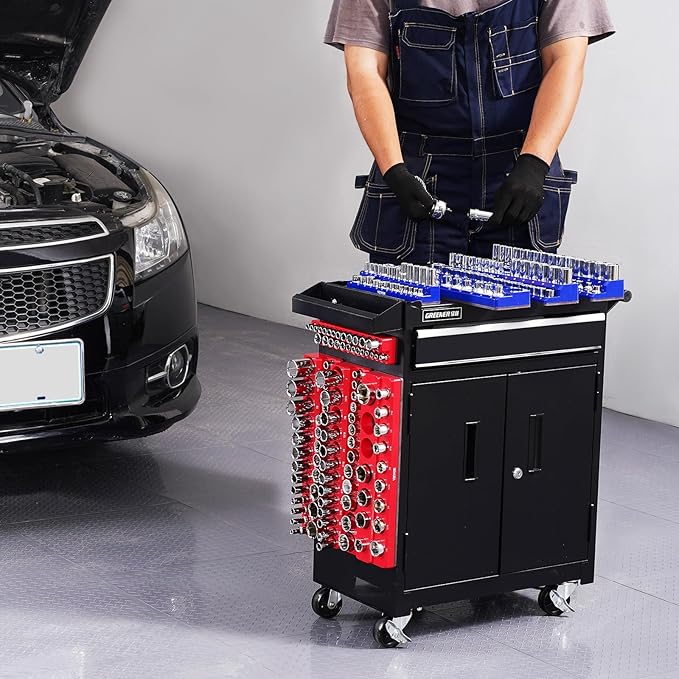 VEVOR Magnetic Socket Organizer Set, 8PCS Socket Holder, 1/4'', 3/8'' & 1/2'' Metric SAE Socket Trays with Clear Labels, Hold up to 199PCS Standard & Deep Sockets, Blaue & Red (Sockets Not Included)