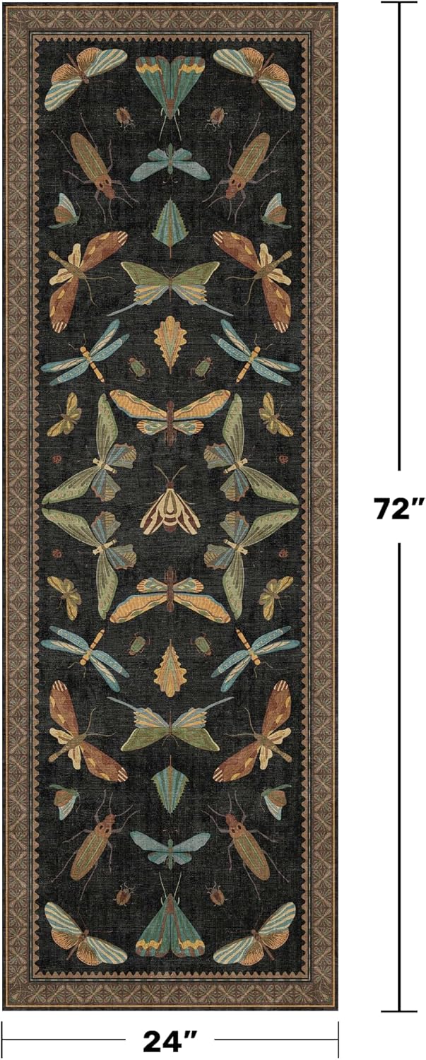 2x6 Black Entryway Runner Rugs Washable Non Slip Runners for Hallway, Kitchen, Mudroom, Laundry Room, Stain Resistant Ultra Soft Non Skid, Nature Insect Fantasy Whimsical Indoor Decor