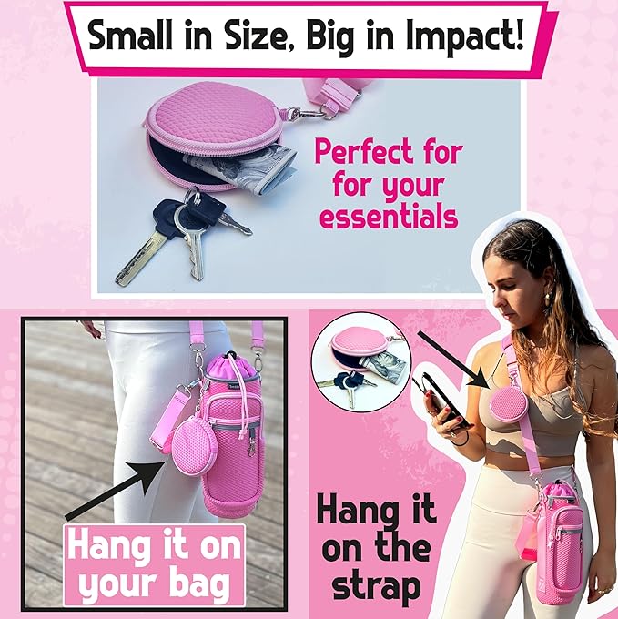 Water Bottle Holder with Strap - Water Bottle Carrier Sling Bag Crossbody with Metal Clips and Rings, Keychain, Extra Small Round Purse, Hook and Loop for Your Bike, Stroller, Backpack