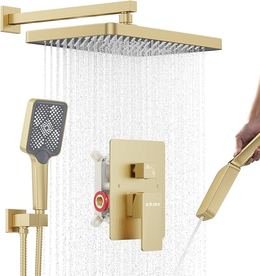 Shower System 13-Inch Rainfall Shower Head - 3 Setting Handheld Sprayer, Complete Bathroom Set with Faucet Mixer Trim Kit & Valve Brushed Gold