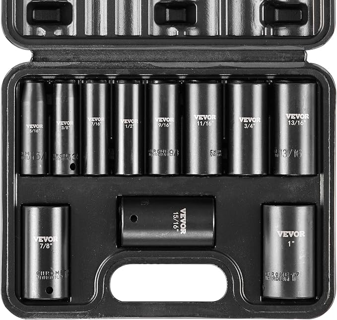 VEVOR 3/8" Drive Impact Socket Set, 11 Piece Deep Socket Set SAE 5/16"-1", 6 Point CR-V Alloy Steel for Auto Repair, Easy-to-Read Size Markings, Rugged Construction, Includes Storage Case
