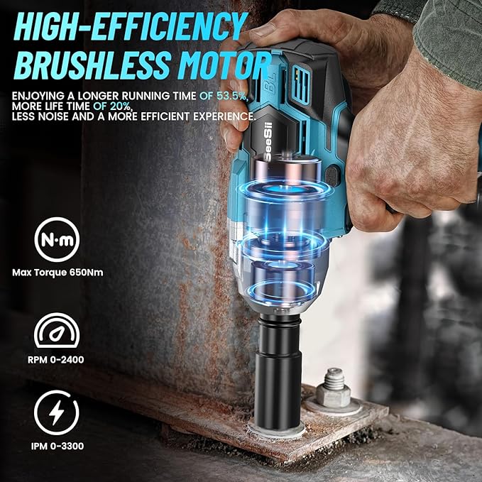 Seesii Cordless Impact Wrench 1/2 inch, High Torque 479 Ft-lbs(650Nm) Brushless Impact Gun,2500RPM w/2x4.0 Battery, 6 Sockets,8 Drill Bits, High Torque Power Impact Driver for Car Home,WH700