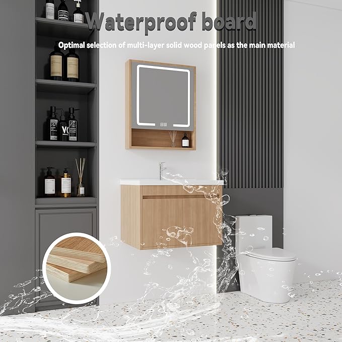 24'' Bathroom Vanity with Ceramic Sink Combo and Medicine Cabinet Mirror with Led Light/Defog, Wall Mounted Small Bathroom Vanity with Soft-Close Door Modern Floating Cabinet, Walnut(No Faucet)
