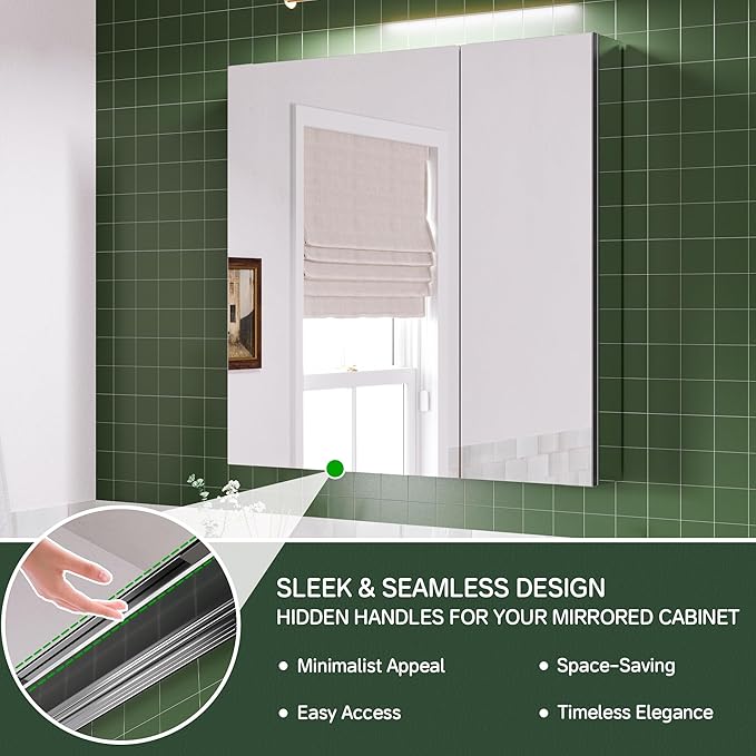 30''×30'' Bathroom Medicine Cabinet, Storage Cabinet with Mirror Door, Vanity Mirror, Blum Hinges Soft-Close Door, Recessed/Surface Mount, Adjustable Glass Shelves