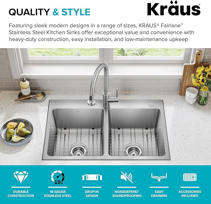 KRAUS Fairlane 33-inch Drop In/Top Mount Double Bowl 18-Gauge Stainless Steel Kitchen Sink, KHT632-33