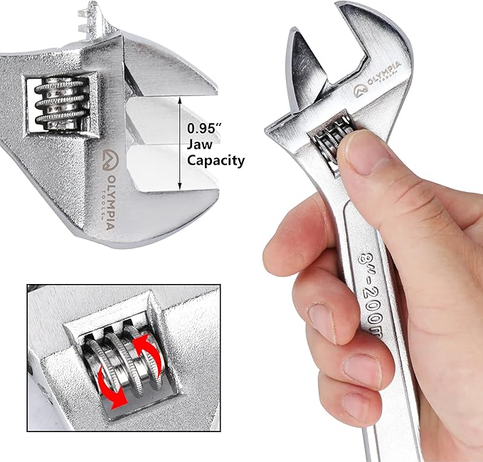 Olympia Tools 8" Adjustable Wrench, Heavy Duty Drop Forged Steel, Chrome Plated, Precision Machined Jaws, Rust Resistant
