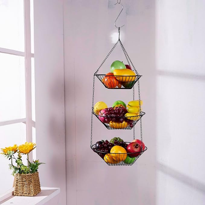 3-Tier Wire Fruit Hanging Basket 2 Packs,non-Punching Wall Hanging Storage,Kitchen Bathroom Organization Basket,Suitable for Bathroom,Kitchen,Closet,Garden,Black