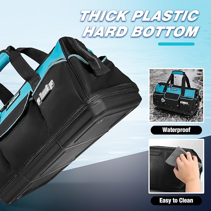 DURATECH 18-Inch Large Tool Bag with Waterproof Hard Bottom, Tool Bags for Men Heavy Duty with 19 Pockets, Wide Open Mouth Toolbag for Electricians Mechanic Plumber HVAC