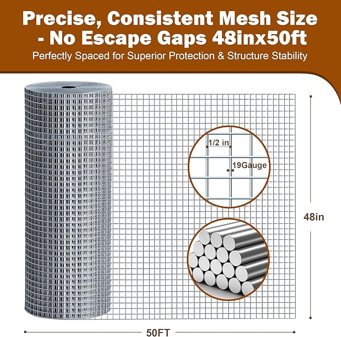 Chicken Wire Fencing Hardware Cloth 1/2 inch 19 Gauge Rust-Resistant Mesh Roll with Snips/Gloves for Chicken Coop/Vegetable/Garden/Plants/Poultry Enclosures/Tree/Gutter Guards 48 inch x 50 ft