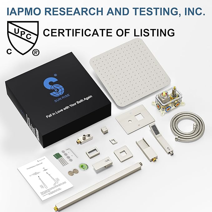 SR SUN RISE 12 Inches All Metal Bathtub Faucet Set Shower System with Tub Spout Rainfall Shower Head and Handheld Combo Modern Shower Fixtures Include Valve and Trim Kit, Polished Chrome