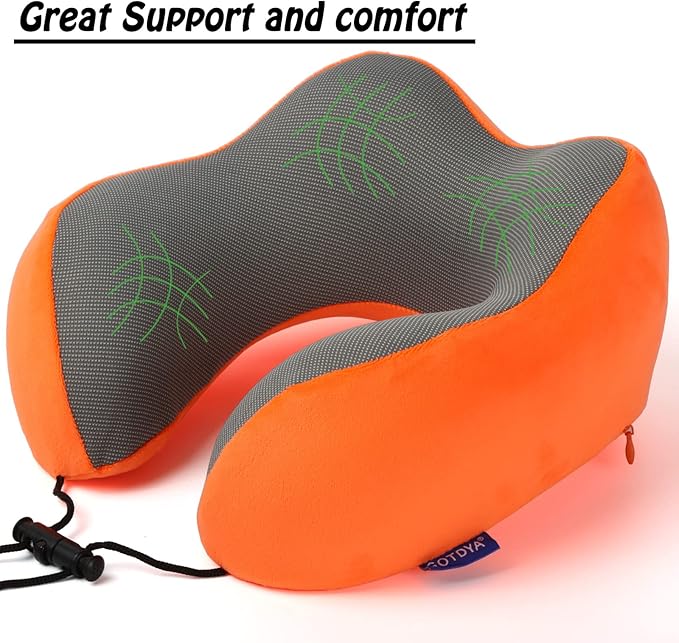 GOTDYA Travel Pillow,Travel Neck Pillows for Sleeping,100% Pure Memory Foam Soft Comfort & Support Pillow for Airplane/Car/Office&Home Rest Use-Orange