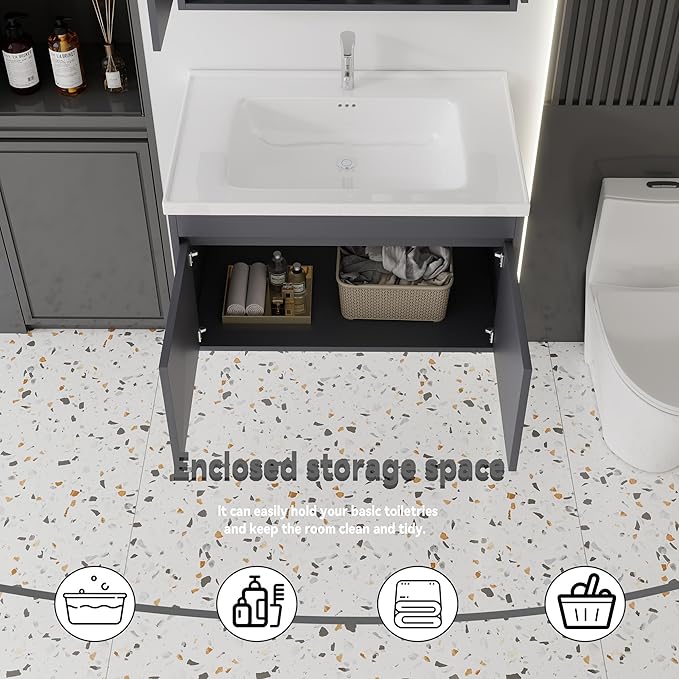 32'' Bathroom Vanity with Ceramic Sink Combo, Wall Mounted Small Bathroom Vanity with Soft-Close Door Modern Floating Cabinet, Pop-up Drain, P-Trap Included, Gray(No Faucet)