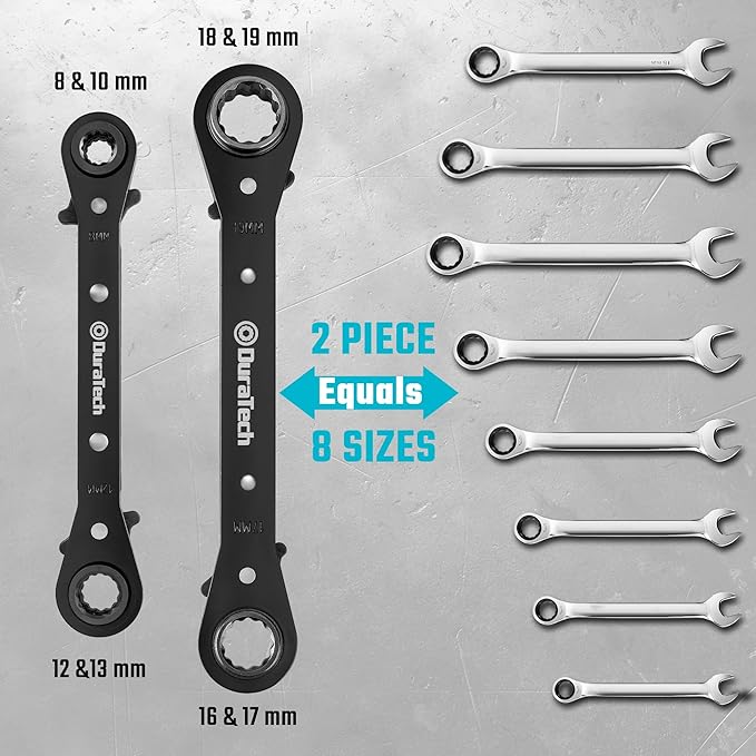 DURATECH 4-in-1 Reversible Ratcheting Wrench Set, Double Box End Wrench Set, 2-Piece, 8mm, 10mm, 12mm, 13mm, 16mm, 17mm, 18mm, 19mm, Metric