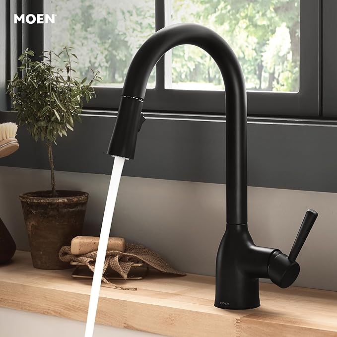 Moen Adler Matte Black One-Handle High Arc Kitchen Sink Faucet with Power Clean, Modern Kitchen Faucet with Pull Down Sprayer, 87233BL