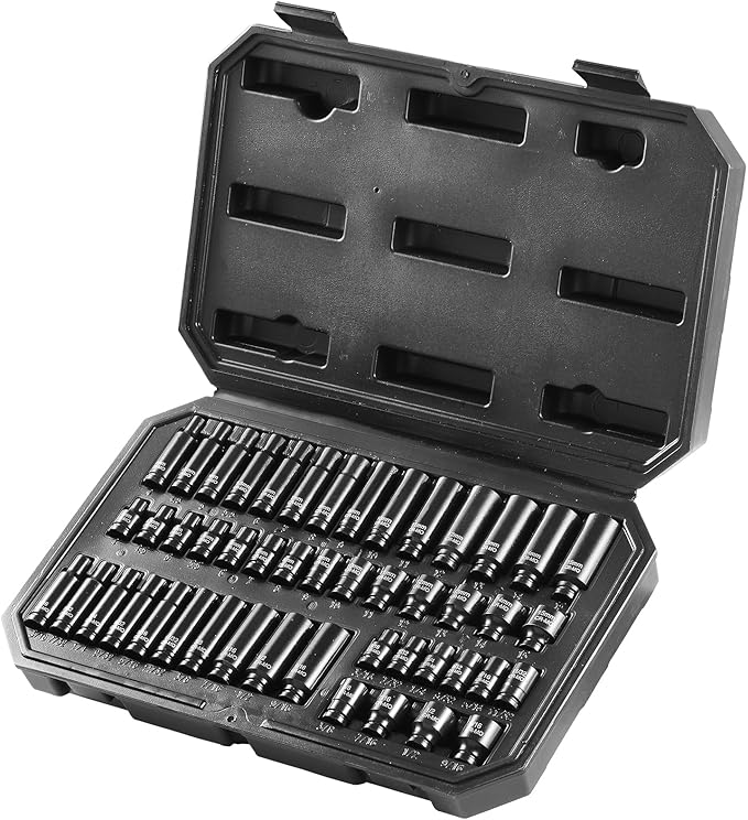 VEVOR Drive Impact Socket Set 1/4" - 48 Piece Deep & Shallow Socket Set SAE 3/16"-9/16" and Metric 4-15mm - 6 Point Cr-Mo Alloy Steel for Auto Repair - Easy-to-Read Size Markings Storage Case