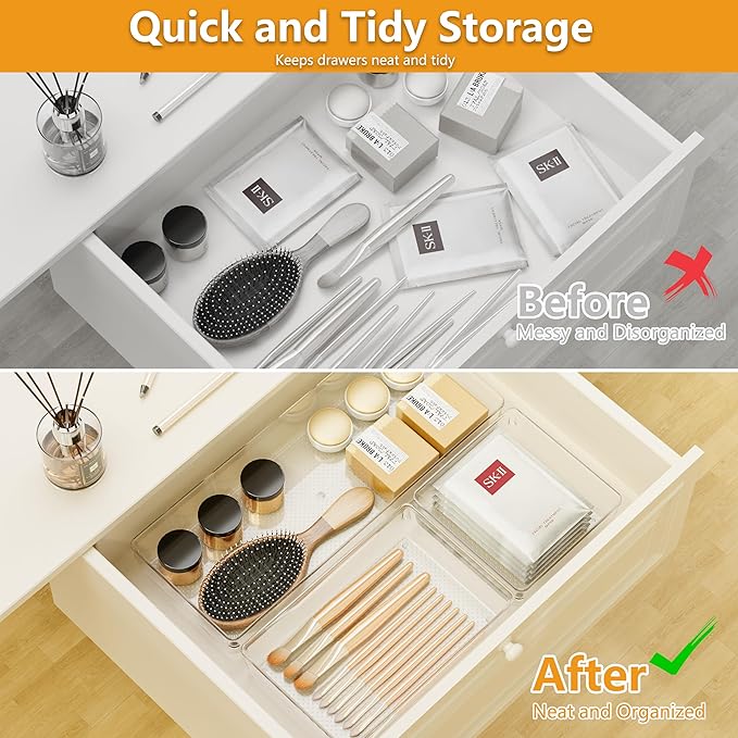 Clear Plastic Drawer Organizer Set for Kitchen, Bathroom, Office, Cosmetics & Tools - Multifunctional Storage Trays with Adjustable Dividers, Space-Saving Transparent Design (Clear, 9 Pcs)