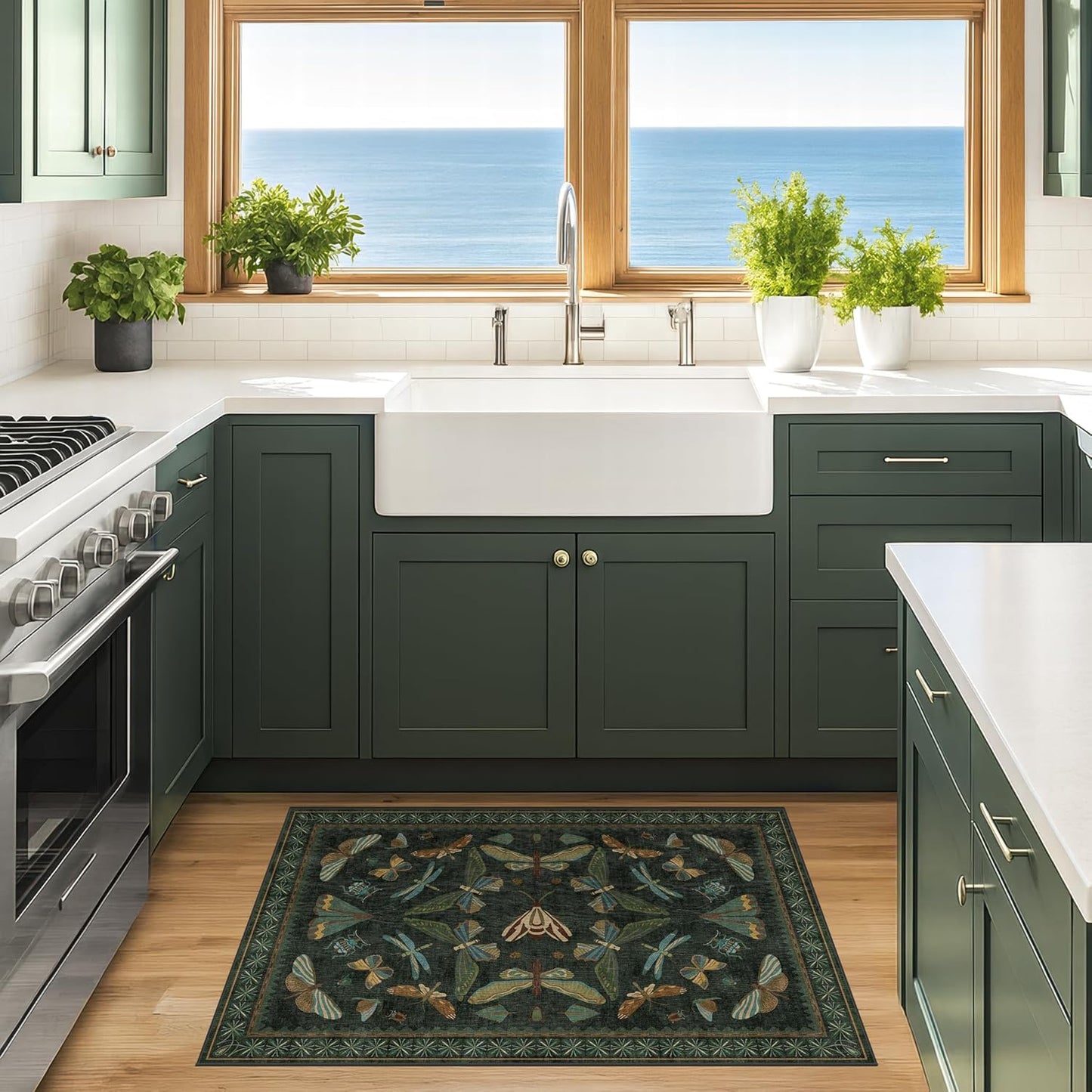 2x3 Entry Way Rugs Indoor - Dark Green Small Throw Rug for Kitchen, Bathroom, Insect Boho Design, Washable Non Slip Stain Resistant