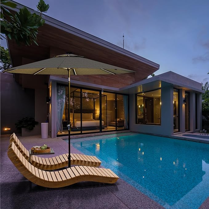 Midtown Umbrellas Led Swilt Sunbrella Umbrella, 8 Foot Patio Umbrella In Sunbrella Cast Slate Acrylic Fabric - Deck Patio Umbrella, Backyard Umbrella, Garden Umbrella & Pool Umbrella - Black Pole