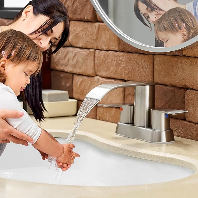 Waterfall Bathroom Sink Faucet 4 Inch Brushed Nickel Faucet Bathroom with Pop Up Drain 2 or 3 Holes Bathrooms Basin Lavatory Mixer Tap with Deck Mount Plate