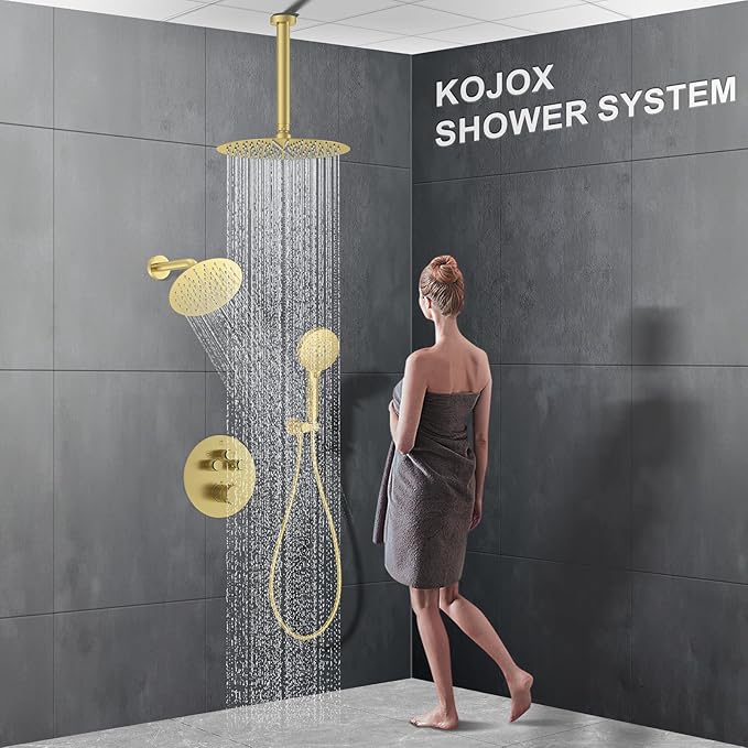 KOJOX Brushed Gold Thermostatic Shower System, Push Button Diverter Shower Faucet Set with 12" Ceiling Mount Rain Shower, 8" Wall Mount Shower Head, and 3-in-1 Handheld Spray