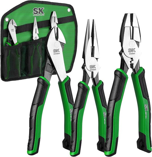 SK 3-Piece Pliers Set, 9.5-Inch Linesman, 8-Inch Diagonal & Needle Nose Pliers, Premium CR-V Construction, Ergonomic Anti-slip Handle, with Rolling Pouch