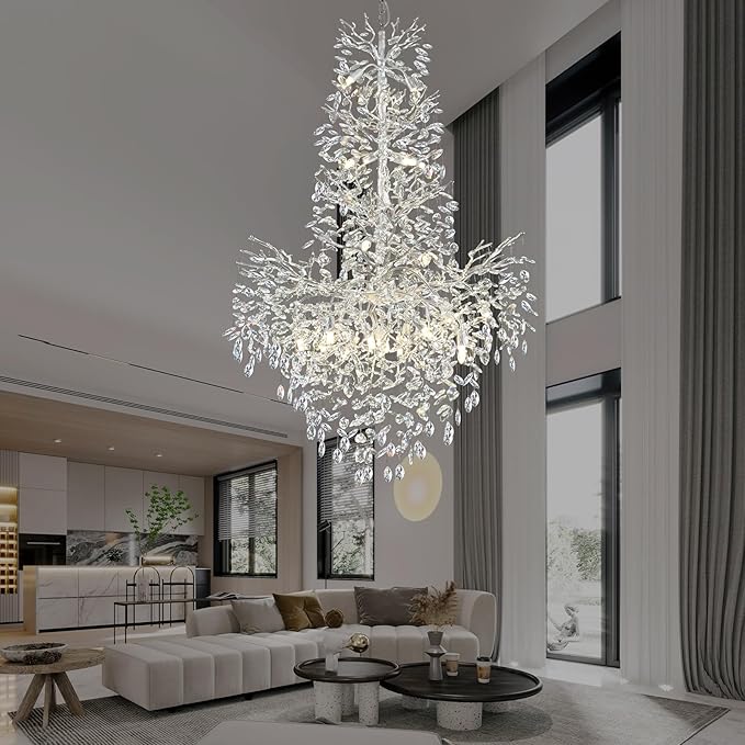 H61'' Silver Crystal High Ceilings Chandelier Staircase Chandeliers Modern Crystal Tree Branch Chandelier, D40'' Foyer Chandelier for High Ceiling Luxury Large Living Room Chandelier, 23-Lights