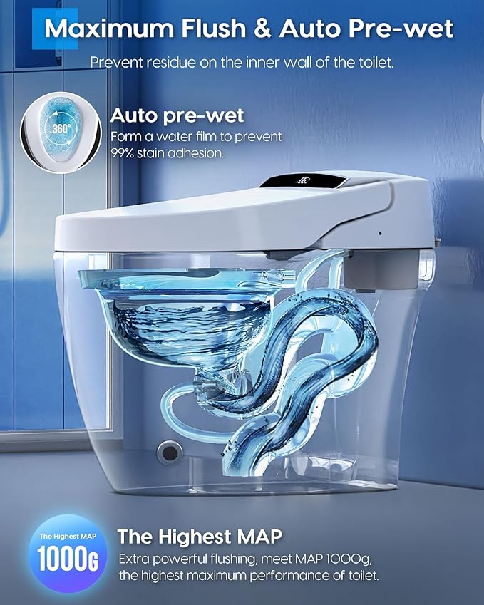 Glendan Smart Toilet Auto Flush: Auto Open Close Lid Seat - 3 Adjustable Heated One Piece Toilet for Bathrooms - Electric Modern Tankless Bidets with Night Lights Remote - Pre-Wetting Slow Close