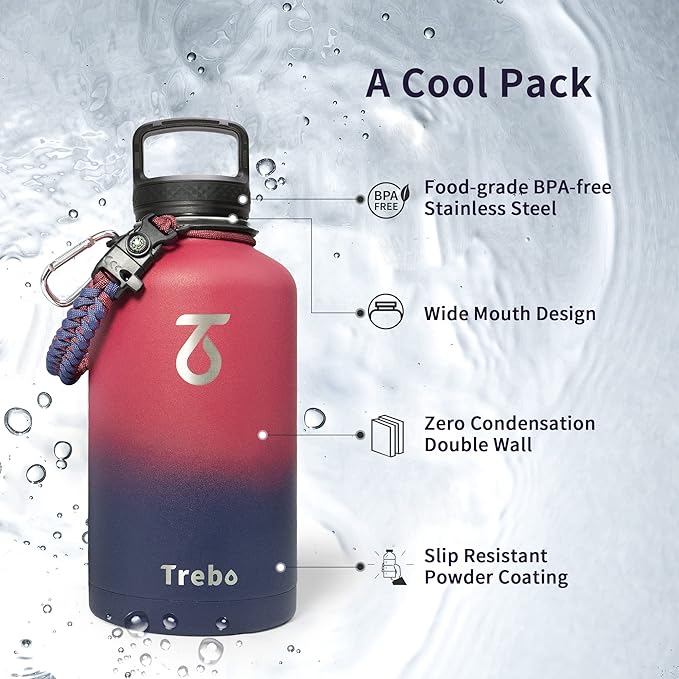 Trebo Half Gallon Water Bottle with Paracord Handle 64oz Wide Mouth Insulated Double Wall Stainless Steel Large Sports Flask Keep Hot 24 Hours & Cold 48 Hours Water Jug with 3 Lids Ombre: Ruby Red