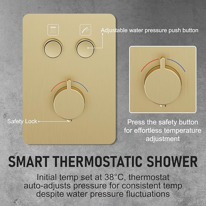 Thermostatic Shower System 13-Inch Rainfall Shower Head - 3 Setting Handheld Sprayer, Complete Bathroom Set with Faucet Mixer Trim Kit & Valve Brushed Gold