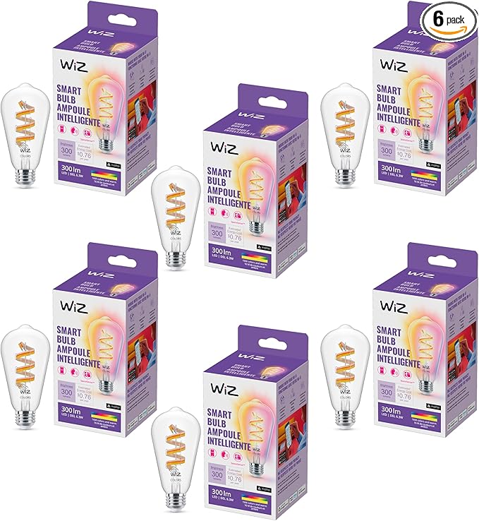 WiZ Connected Color ST19 Filament LED Smart Bulb - Pack of 6-300 Lumen - E26 - Indoor - Wi-Fi Enabled - Voice/App Control - Motion Activation - Matter Compatible
