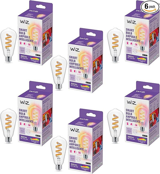 WiZ Connected Color ST19 Filament LED Smart Bulb - Pack of 6-300 Lumen - E26 - Indoor - Wi-Fi Enabled - Voice/App Control - Motion Activation - Matter Compatible