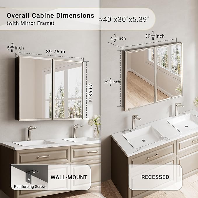40x30 Brushed Nickel Medicine Cabinet, Recessed or Surface Large Framed Medicine Cabinet with 3 Beveled Mirror Door & Adjustable Shelves, Shatterproof, Pre-Assembled Bathroom Storage Cabinet