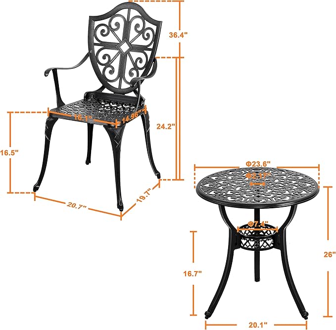 NUU GARDEN 3 Piece Outdoor Bistro Set All Weather Cast Aluminum Patio Set Bistro Table Set Rustproof Patio Table and Chairs with Umbrella Hole for Backyard, Balcony, Front Porch, Black