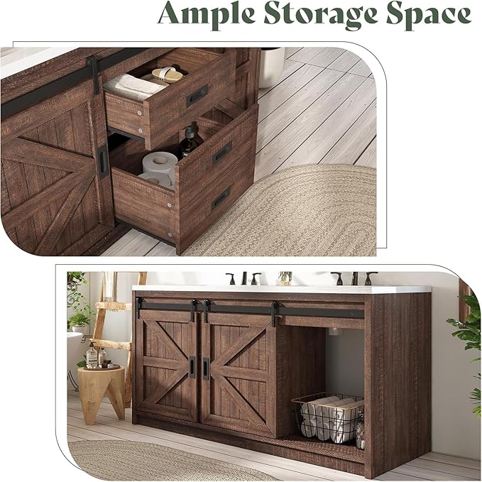 60" Farmhouse Bathroom Double Vanity Sliding Barn Door with Sink Combo, Freestanding, Bathroom Vanity Cabinet with Drawers & Metal Handles, Reclaimed Barnwood