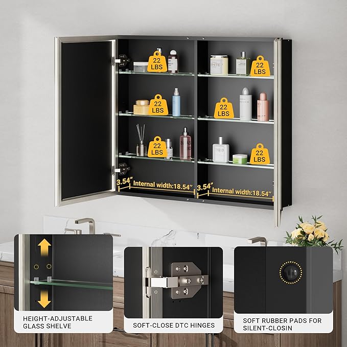 40x30 Brushed Nickel Medicine Cabinet, Recessed or Surface Large Framed Medicine Cabinet with 3 Beveled Mirror Door & Adjustable Shelves, Shatterproof, Pre-Assembled Bathroom Storage Cabinet