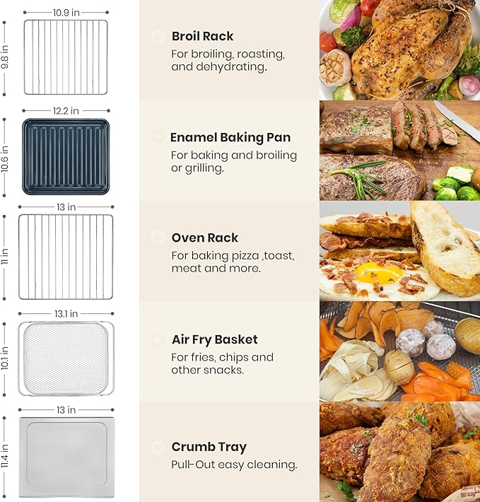 VAL CUCINA Air Fryer Toaster Oven Combo 10-in-1 Countertop Oven with Graphene Heating and True Convection, Non-Toxic Enamel Interior, Bake 12" Pizza, 6 Slices Toast, with Enamel Baking Pan Easy Clean