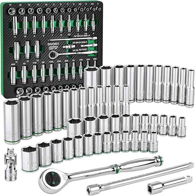 SK 1/4" Drive Socket Set with 160-P Ratchet, 52-Piece, SAE & Metric, SuperKrome Finish, Premium CR-V Construction, with EVA Foam Tool Organizer