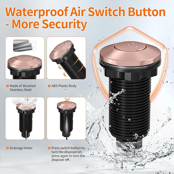 Joinfworld Garbage Disposal Air Switch Kit Waterproof Garbage Disposal Button Kit with Long Garbage Disposal Switch Copper - UL Listed