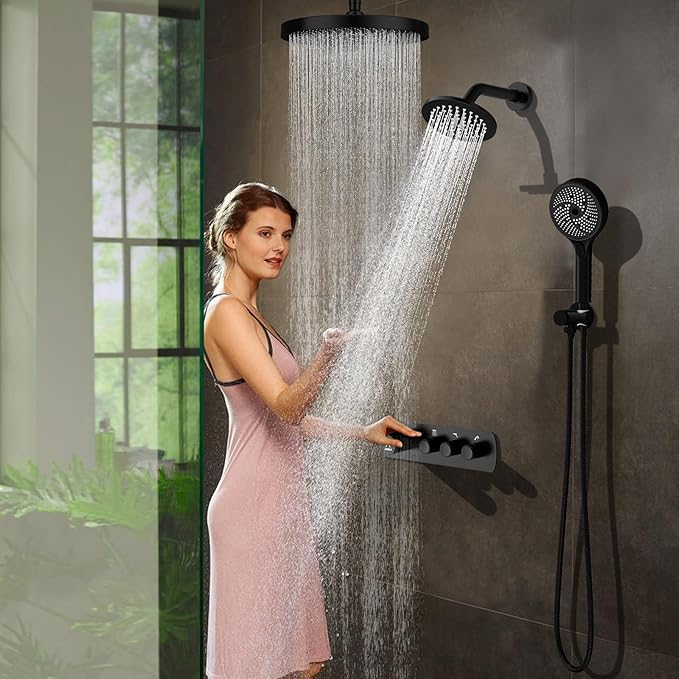 Shower System Brass Thermostatic Shower Faucet Set With Valve and Diverter Shower Mixer with 2 Rain Shower Head and Multi-function Handheld Head(Matte Black)