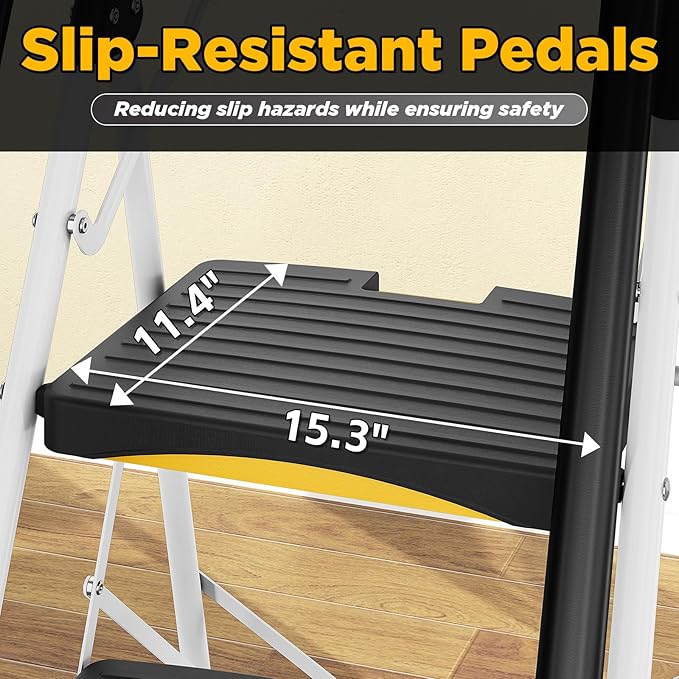 5 Step Ladder with Tool Tray, Folding Steel Step Stool with Safety Lock, Anti-Slip Wide Pedals, Pass 800lbs Load Testing, Handrail, Heavy Duty Ladder for Multi-Purpose, Indoor, Office