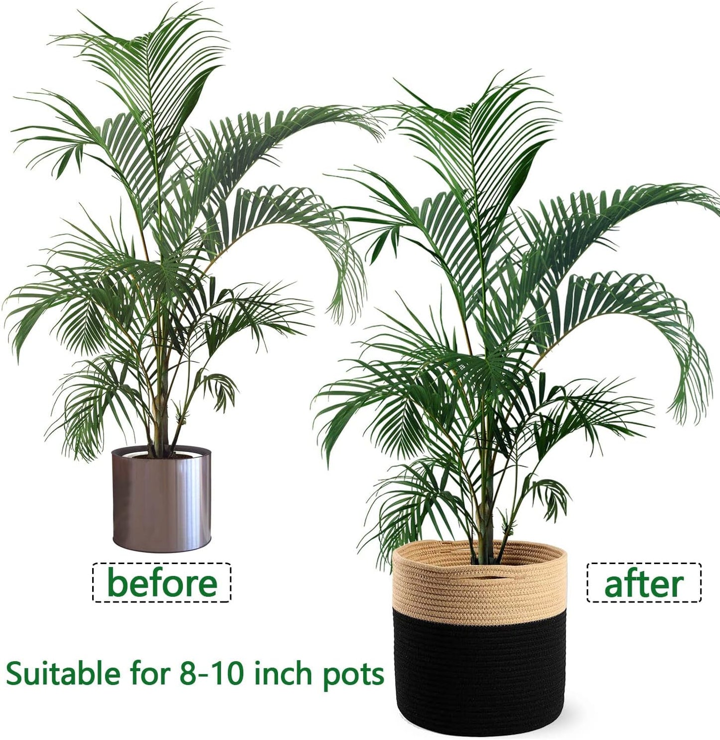 Woven Cotton Rope Plant Basket for 10" Flower Pot Floor Indoor Planters Flower Pot, Home Decor Storage Organizer H11 x W11 Black&Brown