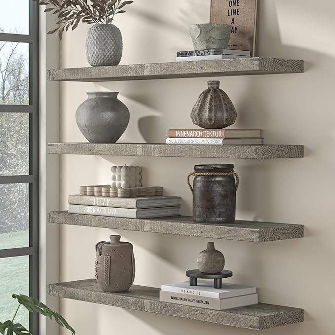 Fun Memories Floating Shelves for Wall Dec, 48"x8" Rustic Reclaimed Wood Shelves, Heavy-Duty Wall Mounted Shelves with Invisible Brackets for Living Room, Bedroom, Kitchen, Grey Finish, Set of 2
